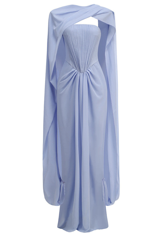 Strapless Draped Cape Maxi Dress Blue