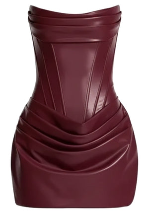 Strapless Draped Corset Faux Leather Dress Burgundy