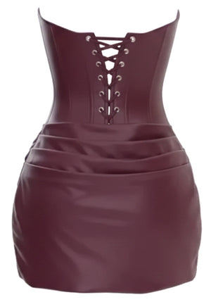 Strapless Draped Corset Faux Leather Dress Burgundy