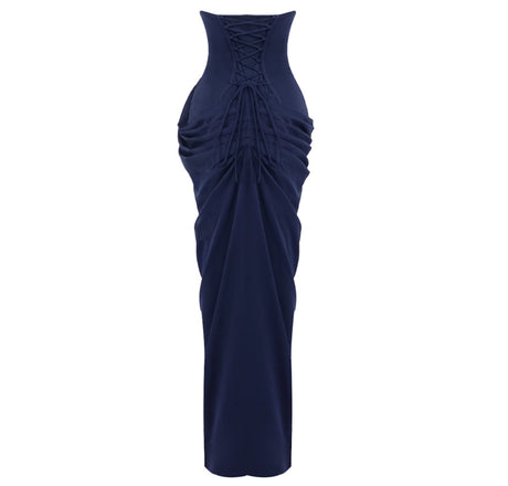 Strapless Draped Corset Maxi Dress Navy Blue