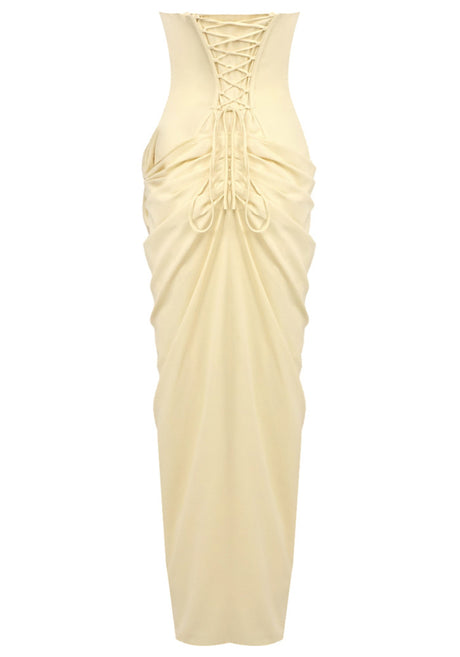 Strapless Draped Corset Maxi Dress Yellow