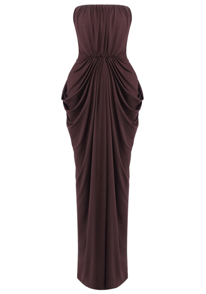 Strapless Draped Maxi Dress Brown