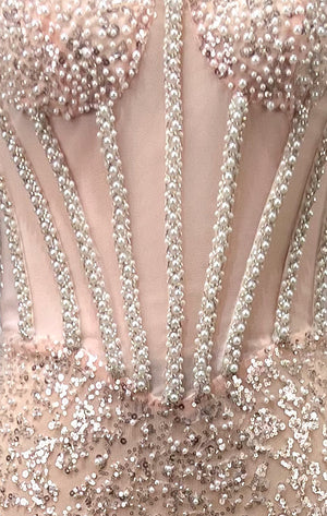 Strapless Sequin Pearl Corset Maxi Dress Nude Pink