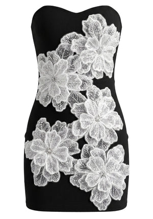 Strapless Embellished Floral Dress Black White