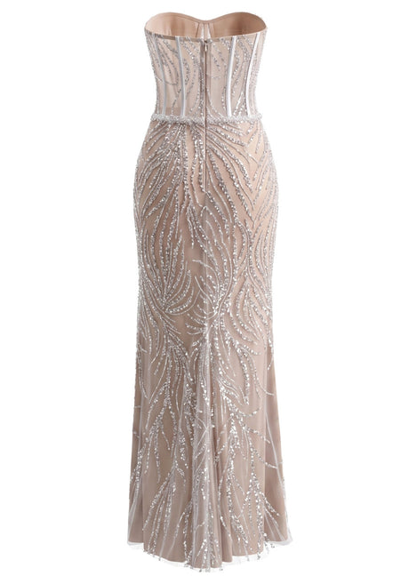 Strapless Pearl Sequin Structured Maxi Dress Nude