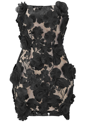 Strapless Embroidered Floral Corset Dress Black