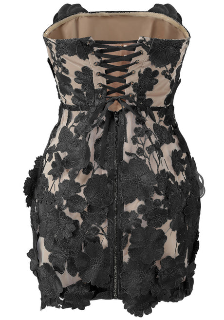Strapless Embroidered Floral Corset Dress Black
