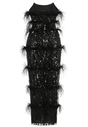 Strapless Feather Sequin Maxi Dress Black