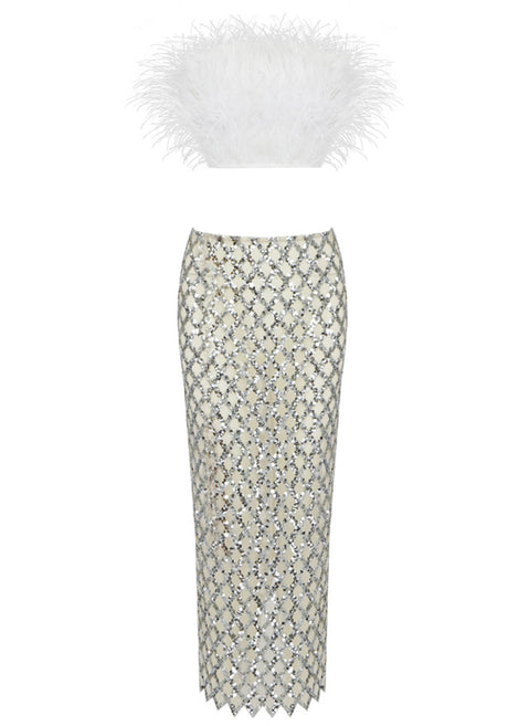Strapless Feather Midi Two Piece Dress White
