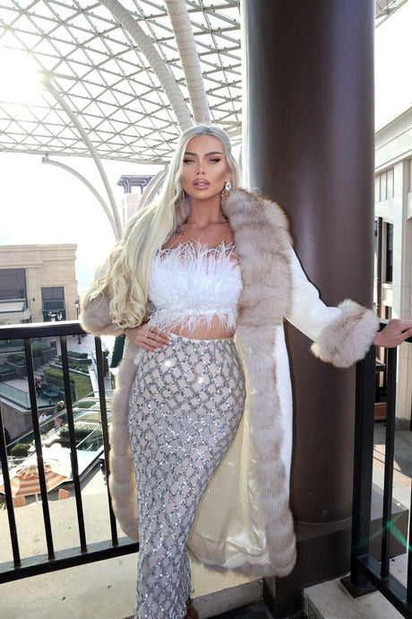 Strapless Feather Midi Two Piece Dress White