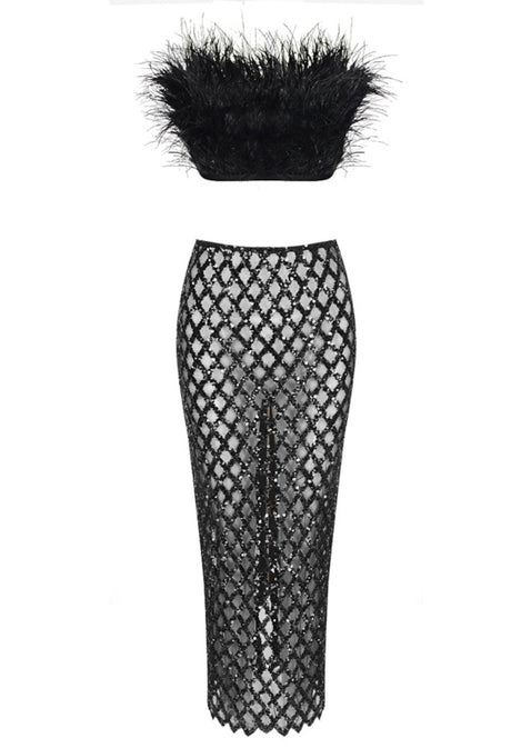 Strapless Feather Detail Midi Two Piece Dress Black