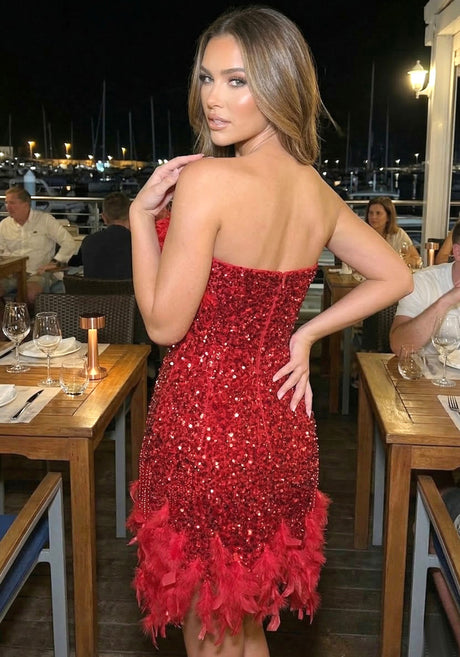 Strapless Feather Crystal Sequin Dress Red
