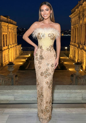Strapless Feather Sequin Floral Maxi Dress Nude
