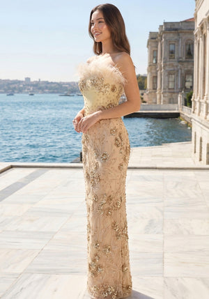 Strapless Feather Sequin Floral Maxi Dress Nude