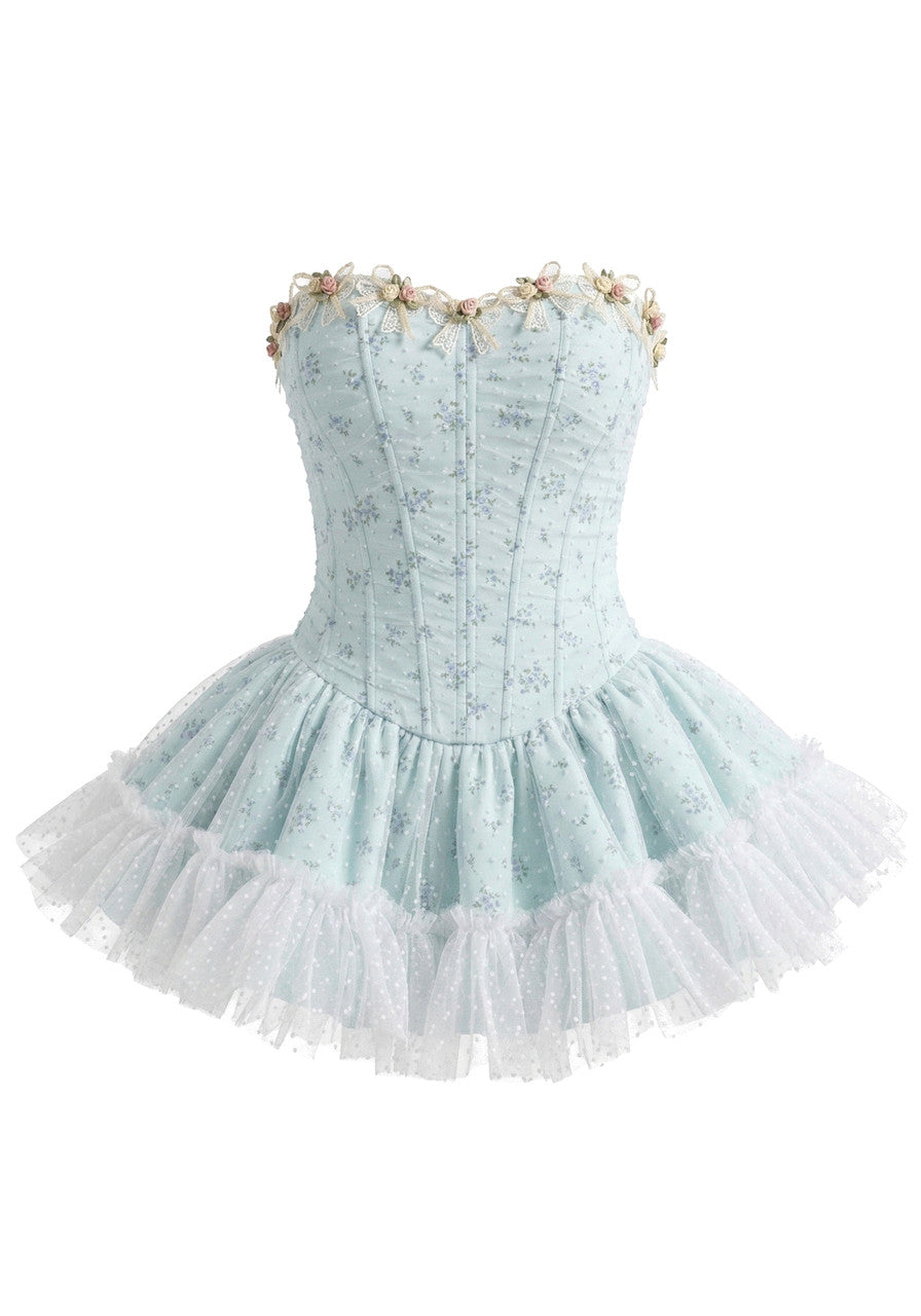 Strapless Floral A Line Corset Dress Light Blue