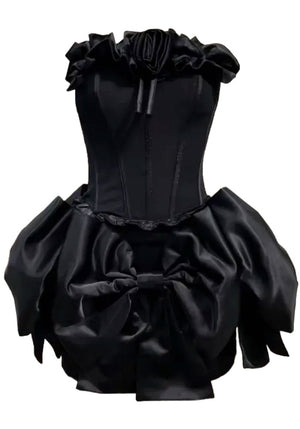 Strapless Floral Bow Corset Two Piece Dress Black