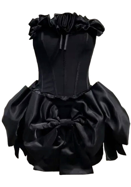 Strapless Floral Bow Corset Two Piece Dress Black