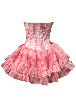 Strapless Floral Bow Ruffle Three Piece Dress Pink