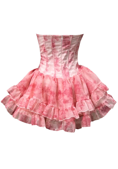 Strapless Floral Bow Ruffle Three Piece Dress Pink