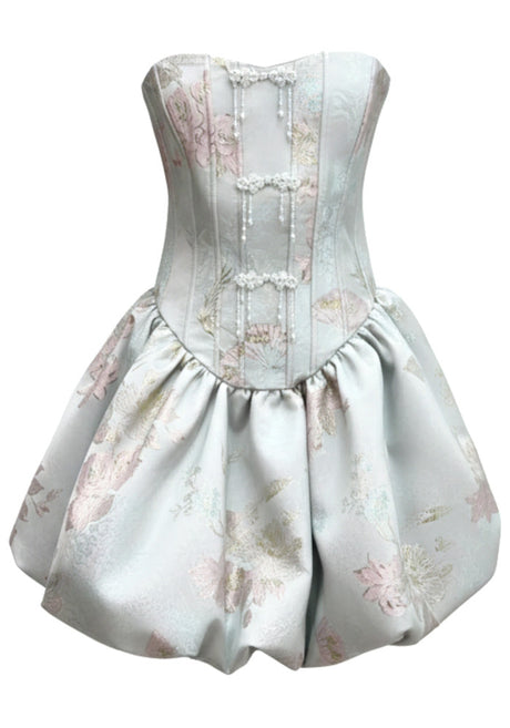 Strapless Floral Bubble Corset Dress Light Blue