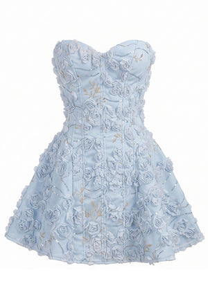 Strapless Floral Corset A Line Dress Blue