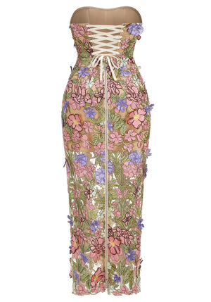 Strapless Floral Corset Maxi Dress Pink Green