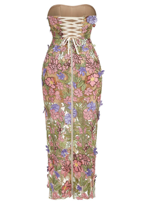 Strapless Floral Corset Maxi Dress Pink Green
