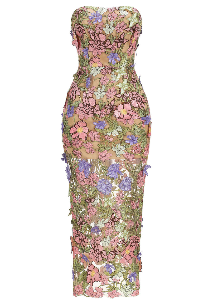 Strapless Floral Corset Maxi Dress Pink Green