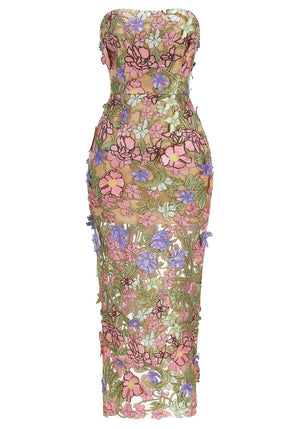 Strapless Floral Corset Maxi Dress Pink Green