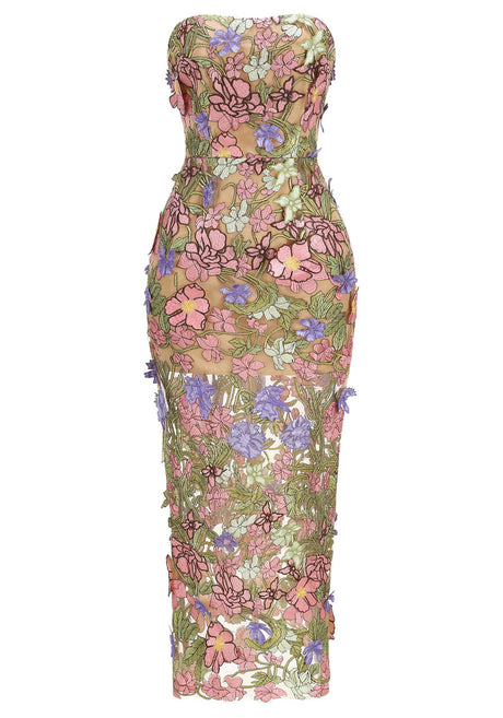 Strapless Floral Corset Maxi Dress Pink Green