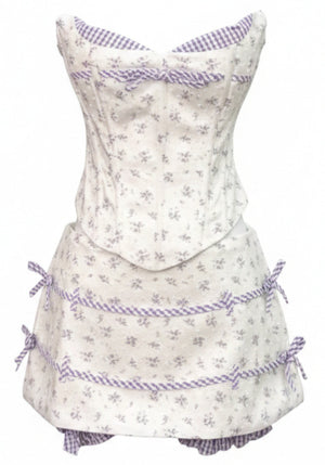 Strapless Floral Corset Two Piece Dress White Purple