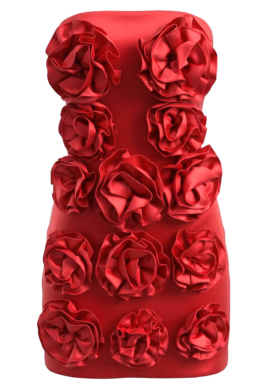 Strapless Floral Detail Dress Red