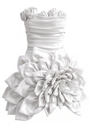 Strapless Floral Draped Dress White