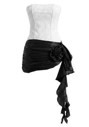 Strapless Floral Ruffle Detail Corset Dress White Black