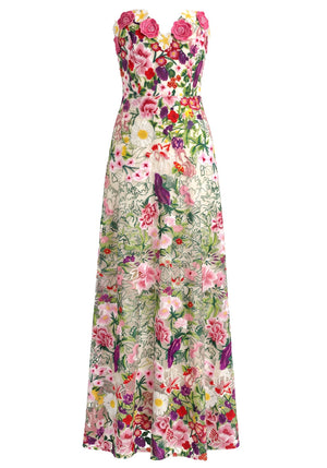 Strapless Floral Embroidered Corset Maxi Dress Hot Pink Green