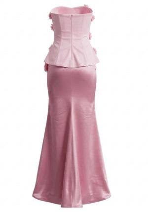 Strapless Floral Detail Maxi Dress Pink