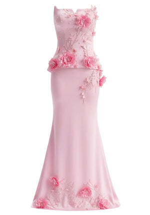 Strapless Floral Detail Maxi Dress Pink