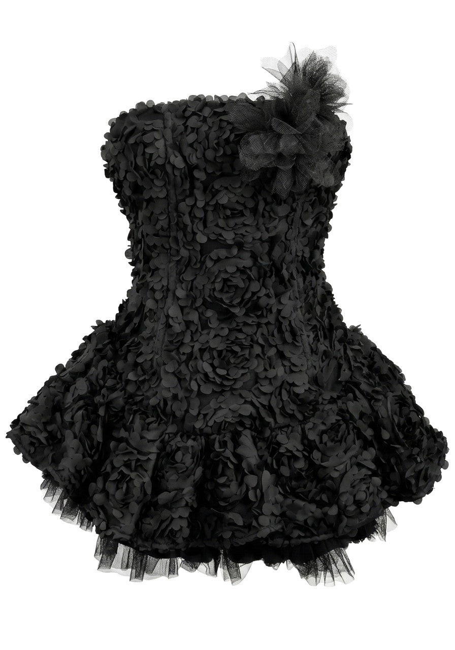 Strapless Floral Mesh A Line Dress Black