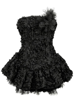 Strapless Floral Mesh A Line Dress Black