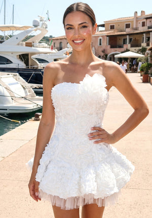 Strapless Floral Mesh A Line Dress White