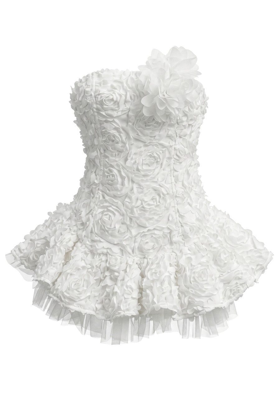 Strapless Floral Mesh A Line Dress White