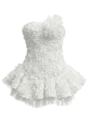 Strapless Floral Mesh A Line Dress White
