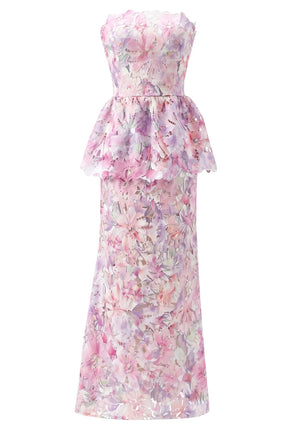 Strapless Floral Peplum Maxi Dress Pink