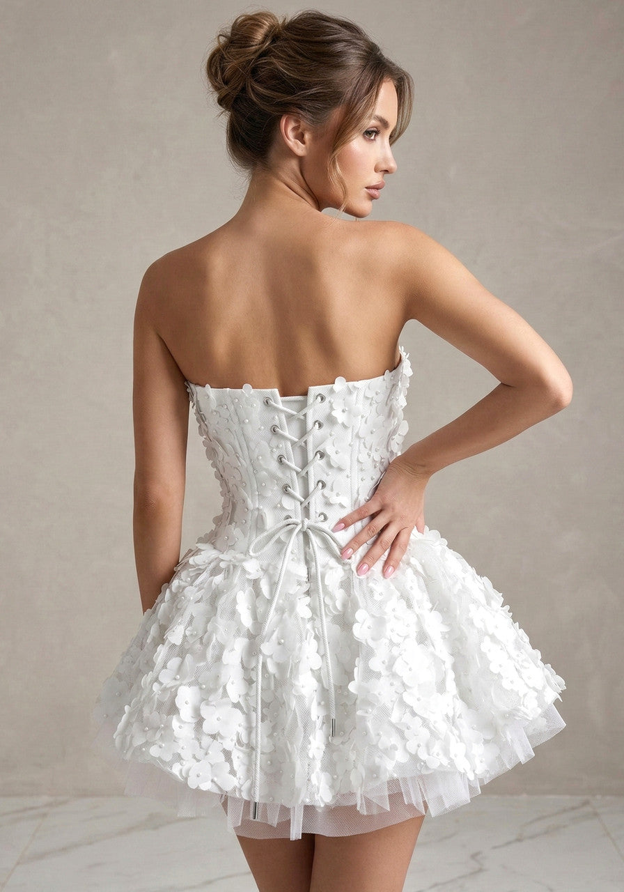 Strapless Floral Petal A Line Corset Dress White