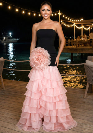 Strapless Floral Ruffle Maxi Dress Black Pink