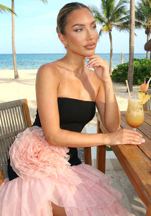 Strapless Floral Ruffle Maxi Dress Black Pink