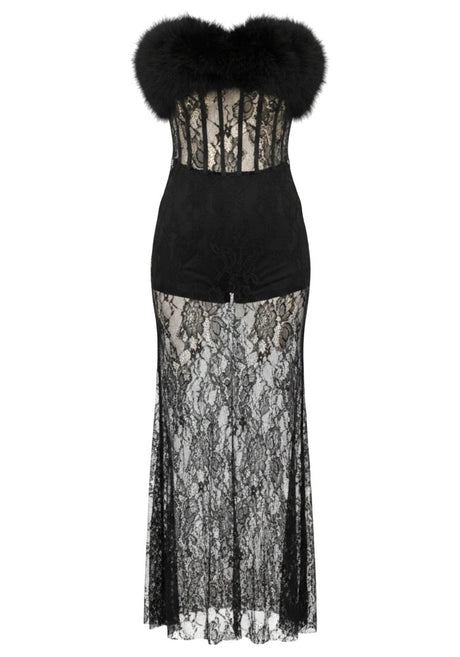 Strapless Fur Lace Maxi Dress Black