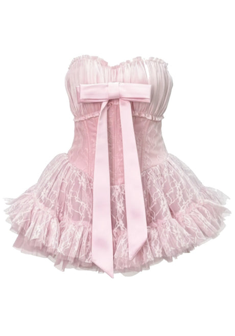 Strapless Lace A Line Corset Dress Pink