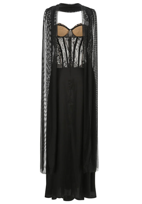 Strapless Lace Bustier A Line Maxi Dress Black