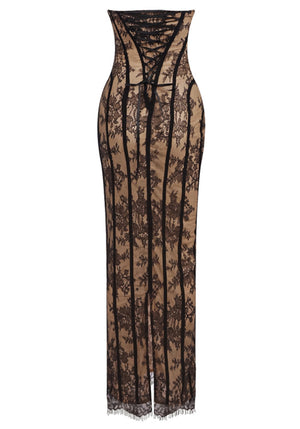Strapless Structured Lace Corset Maxi Dress Black